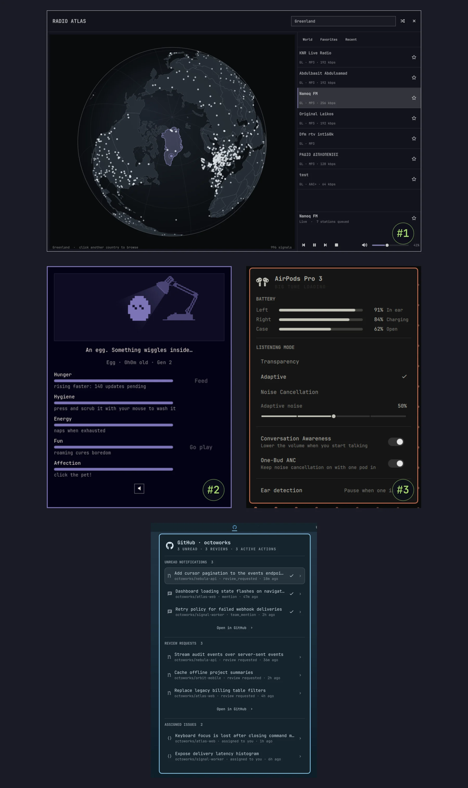 Radio Atlas, Omagotchi, AirPods, GitHub